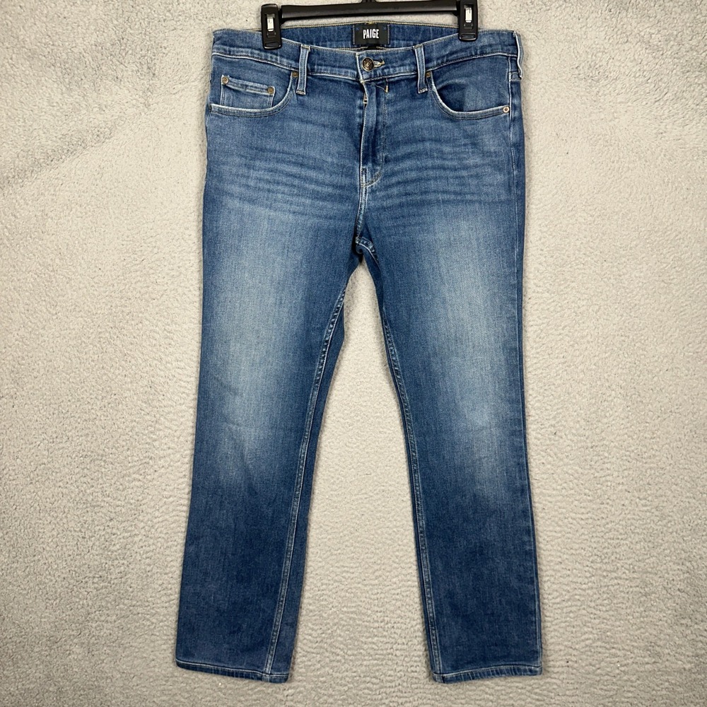 Paige Federal Jeans Mens 34 Slim Straight Leg Blue Distressed Denim Stretch EUC